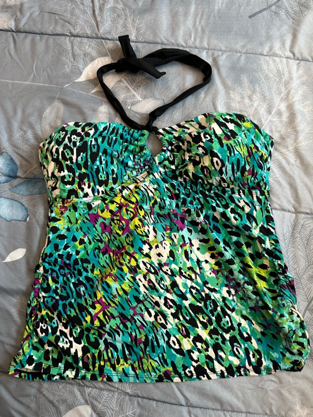 EUC Dana Buchman Black Swim Top with Green and Turquoise Leopard Accents Sz 14